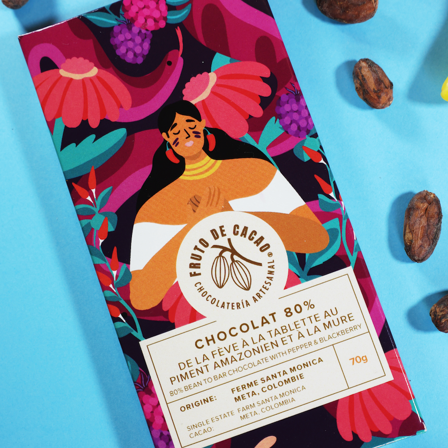 FRUTO DE CACAO Tablette 80% cacao, avec piment d'Amazonie et à la mure