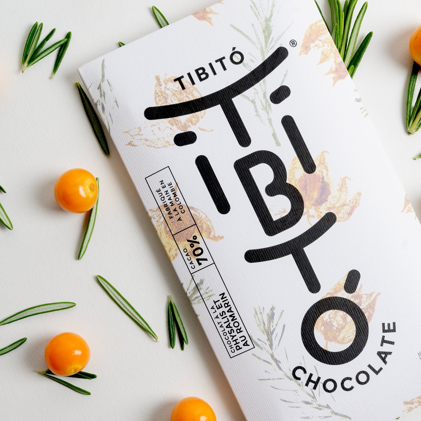 Tibitó dark chocolate bar 70% cocoa, with goldenberry and rosemary 80g